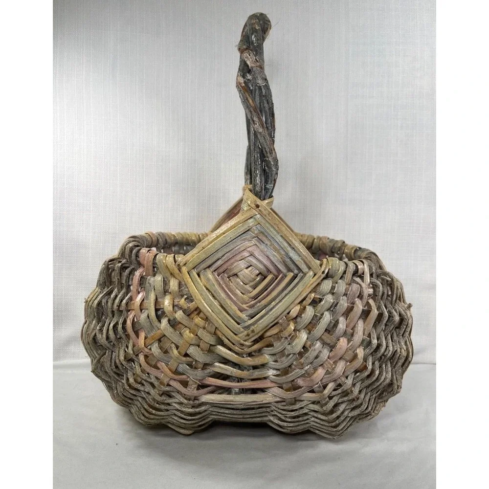 Vintage Hand Woven Rustic Egg Basket God's Eye Primitive Wicker Bentwood Handle
